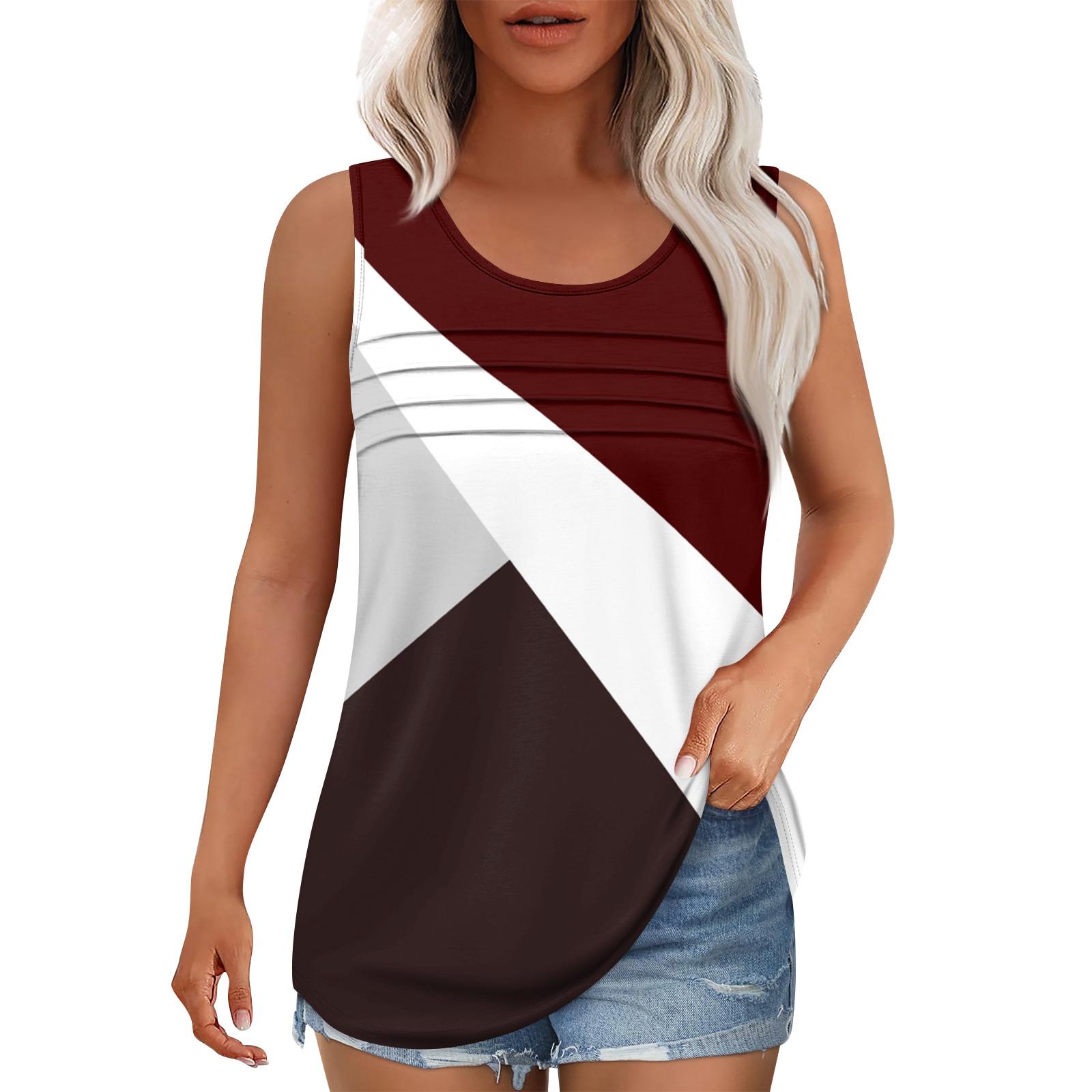 

Майка для женщин Летние наряды Без рукавов Блузки с принтом Повседневные свободные рубашки Округлый вырез Складки спереди XXXL винный