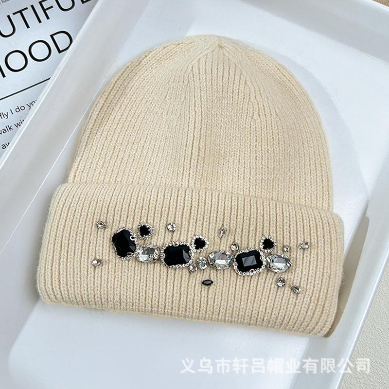 Hat Women's Autumn and Winter Rabbit Hair Warm Knitted Hat Women's Group Wind Fashion Rhinestone Wool Hat Versatile Crouch Cold Hat