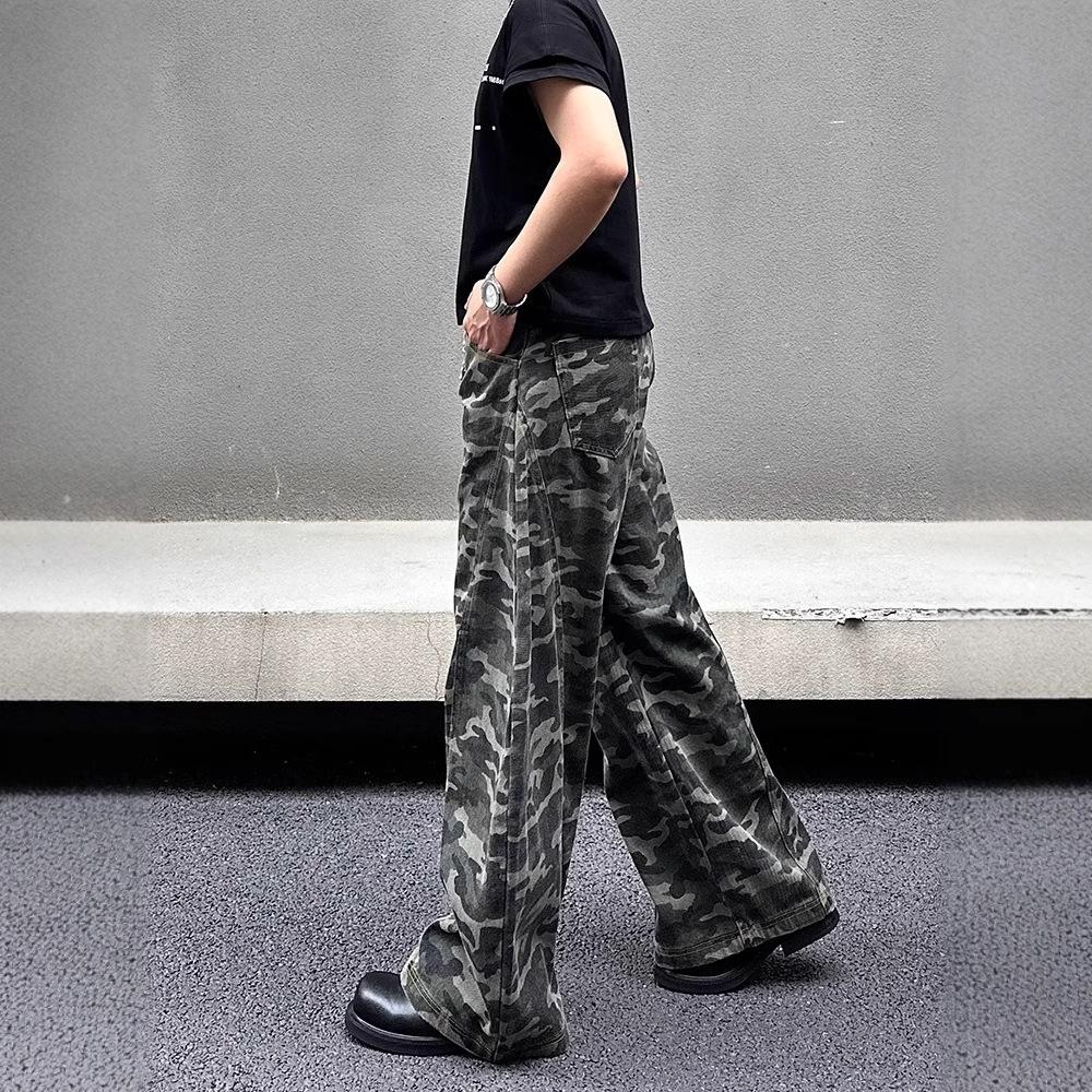 American Retro Camouflage Washed Scimitar Jeans Men's and Women's New Loose Straight Trousers Wide-leg Casual Overalls