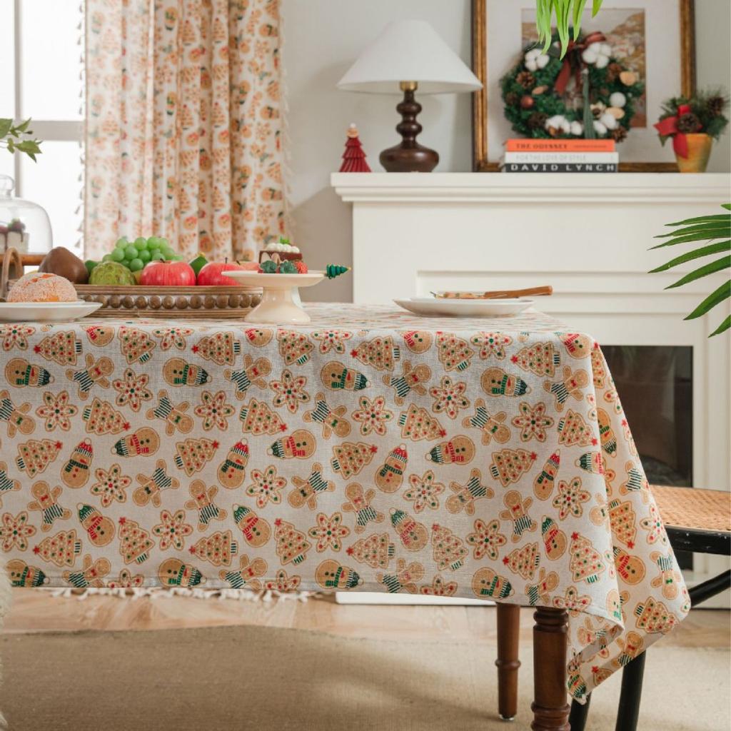 1PC Christmas Biscuit Man Print Japanese Cotton and Linen Red Festive Table Cloth Decoration Kitchen Rectangle