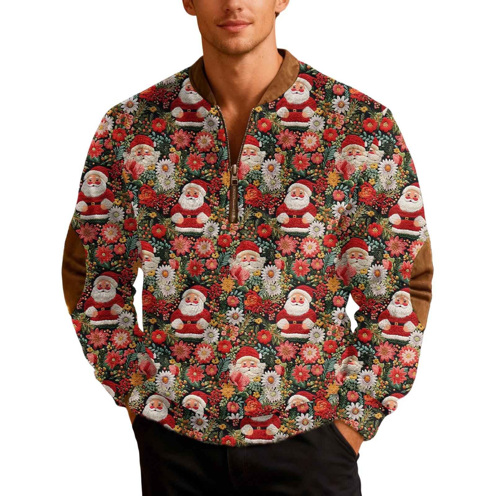 

Mens Christmas Zip Up Sweatshirts Xmas Stand Collar Pullover Tops XL