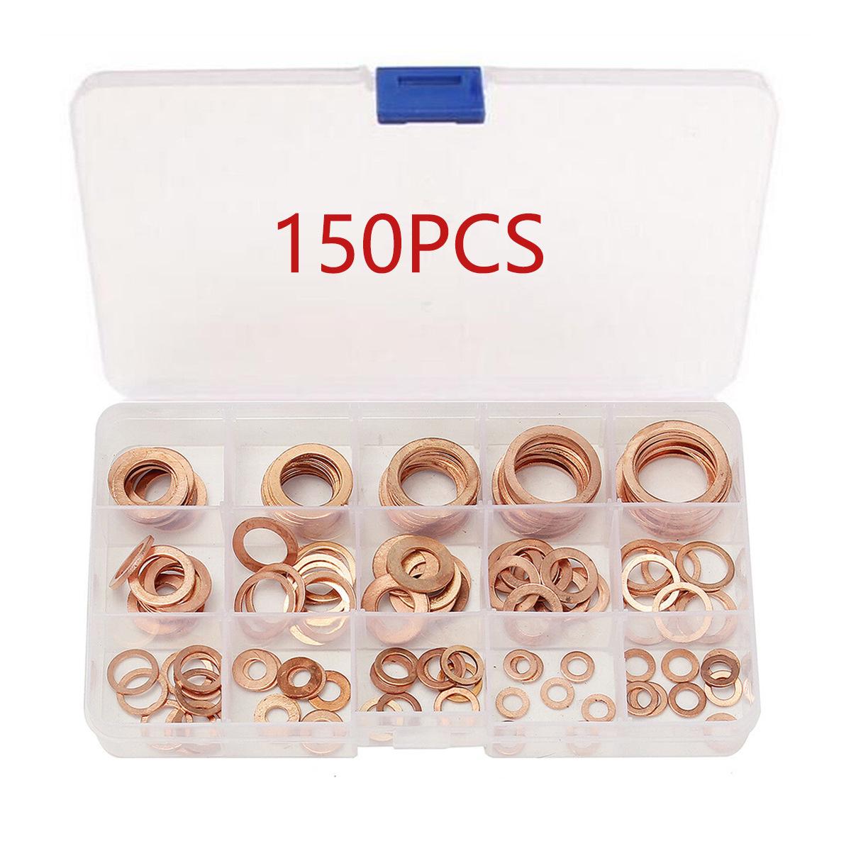 150-Piece Purple Copper Gasket Set: 15 Oil Plug Specs M5-M20, Corrosion-Resistant O-Ring & Flat Washers.