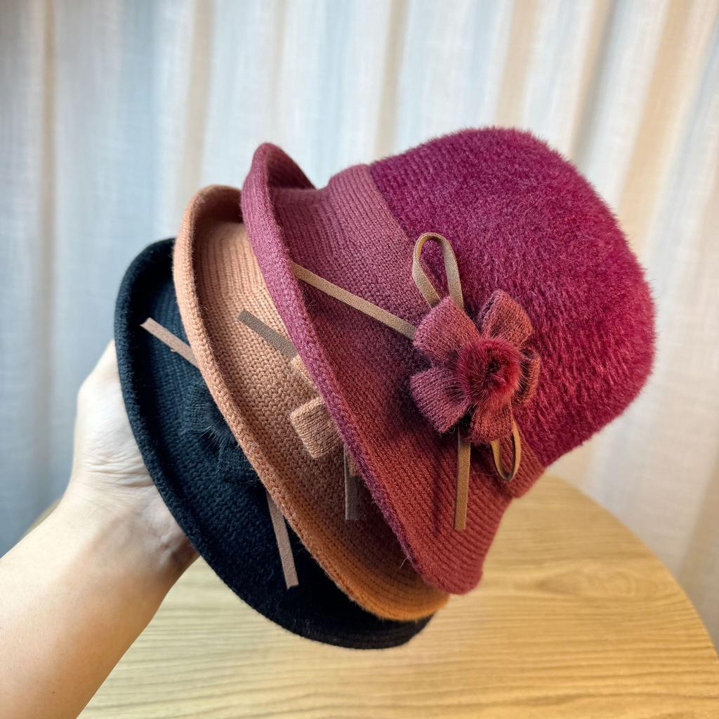 Hat Female Autumn and Winter Pick-up Mink Basin Hat Middle-aged and Elderly Mother Elegant Top Hat Fashion Flower Hairball Fisherman Hat