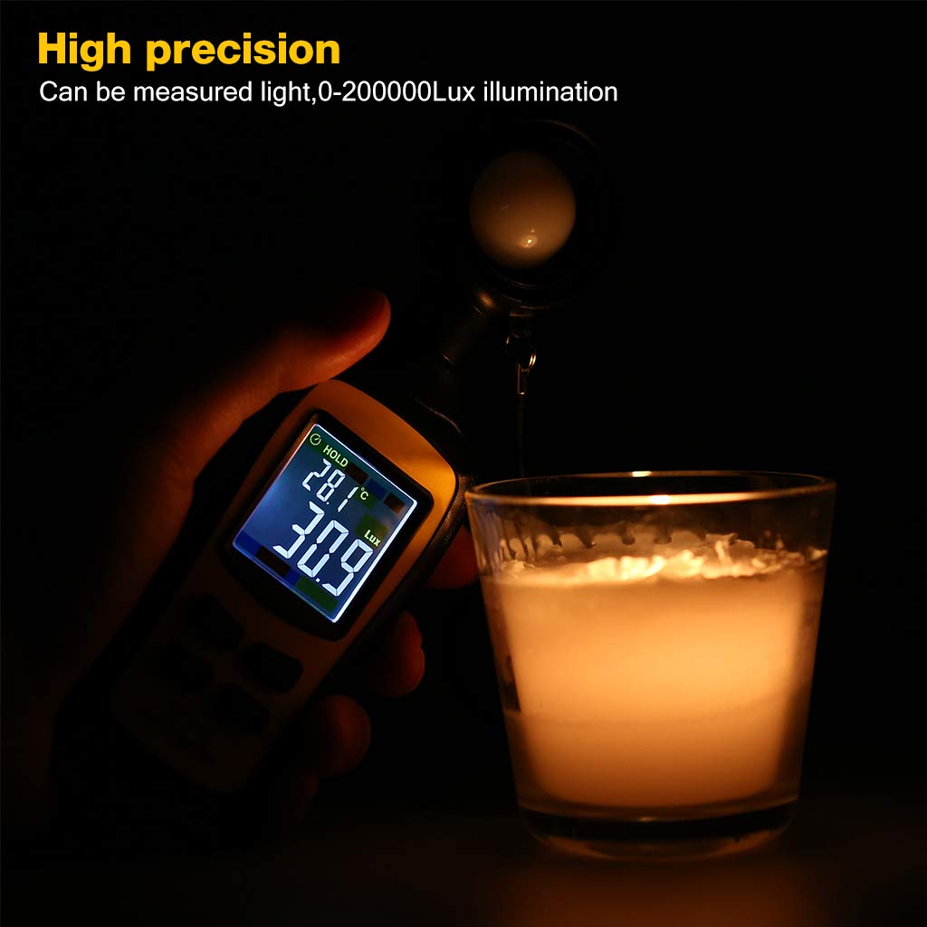 Light Meter Digital Illuminance Meter Handheld Ambient Temperature Measuring Instrument with a Maximum Range of Lux and Color LCD Screen 200,000
