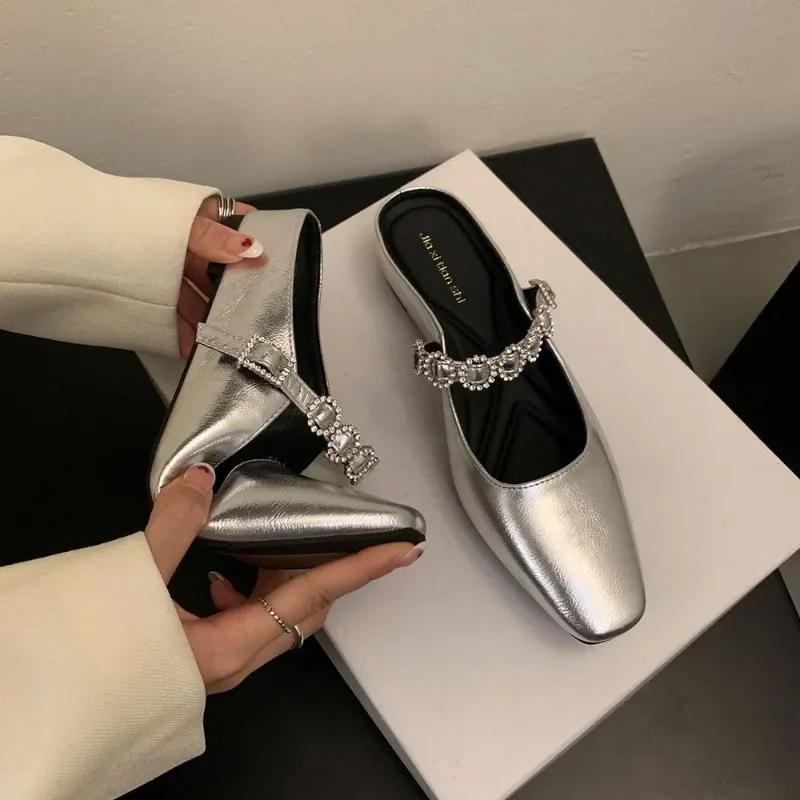 Fashion Luxury Crystal Women Slippers Pointed Toe Shallow Elegant Flats Shoes 2025 Spring Trend Designer Dress Party Sandalias De Mujer