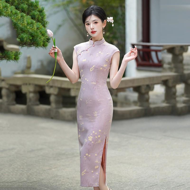 Yellow Sleeveless Long Qipao Dress Women 2025 Retro Chinese Style Linen Silk Blend
