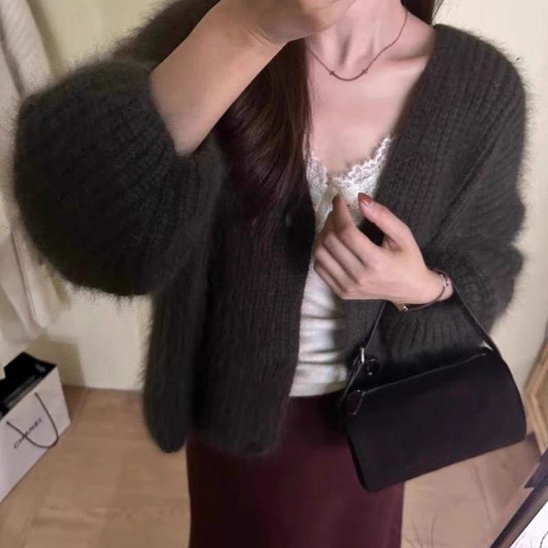 Korean-Style Faux Mink White V-Neck Fluffy Knitted Cardigan Shawl Sweater