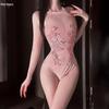 Sexy durchsichtiger Bodysuit in Übergröße mit wasserlöslicher Blume, Neckholder und offenem Schritt