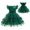 Girls Christmas Tree Dress Flying Sleeve Xmas Party Tutu Dress Bow Knot Colorful Pompoms Mesh Dress