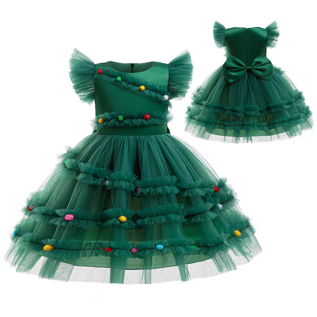 Girls Christmas Tree Dress Flying Sleeve Xmas Party Tutu Dress Bow Knot Colorful Pompoms Mesh Dress