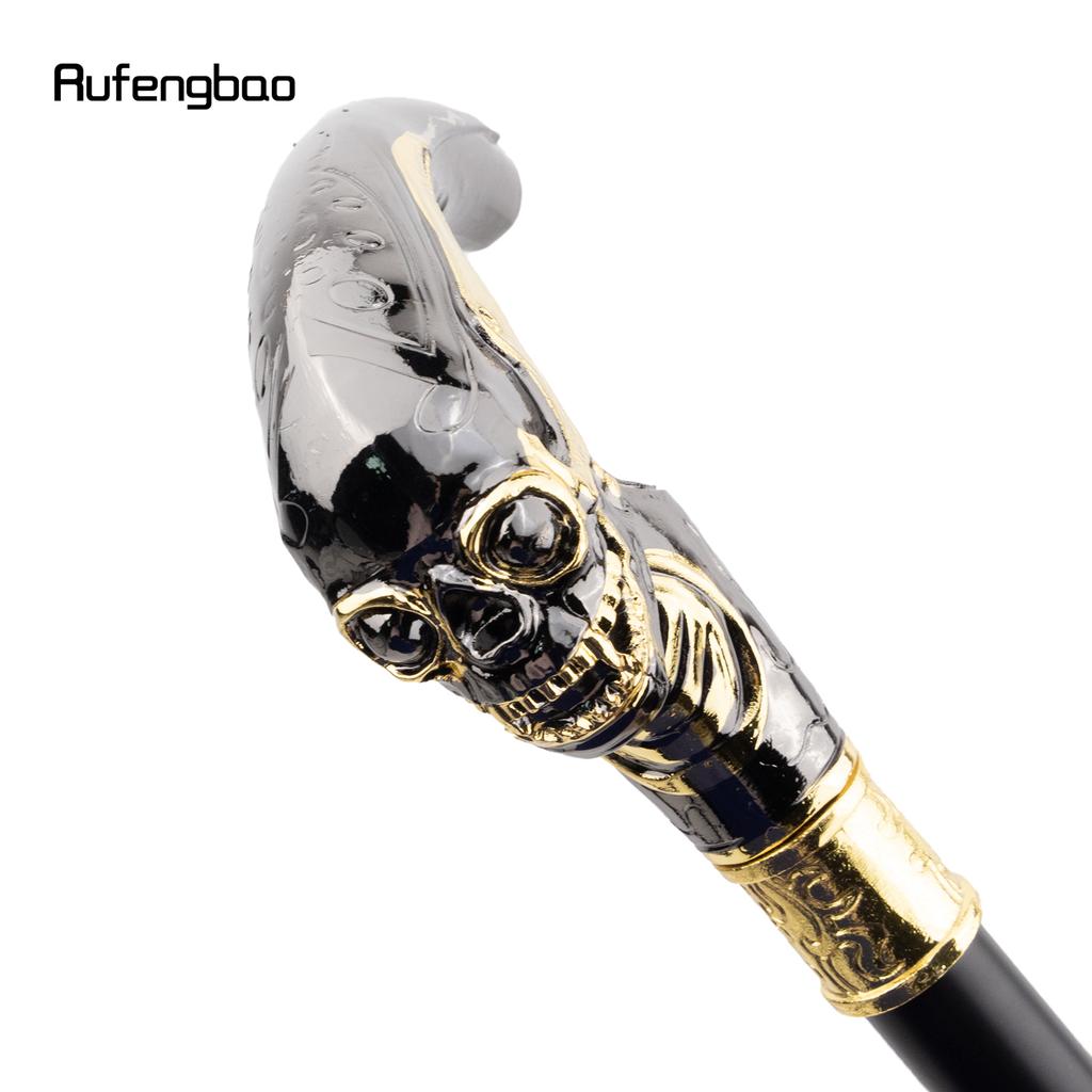 Goldener Schwarzer Langkopf Schädel Mode Gehstock Dekorativ Cospaly Vintage Party Modischer Stock Halloween Krummstab 92cm