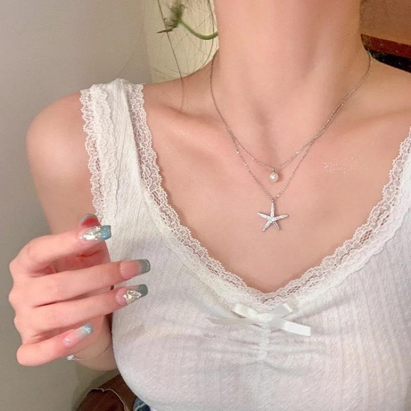Fashion Silver Color Starfish Imitation Pearl Pendant Necklace for Women Simple Double Layered Clavicle Chain Necklace Jewelry