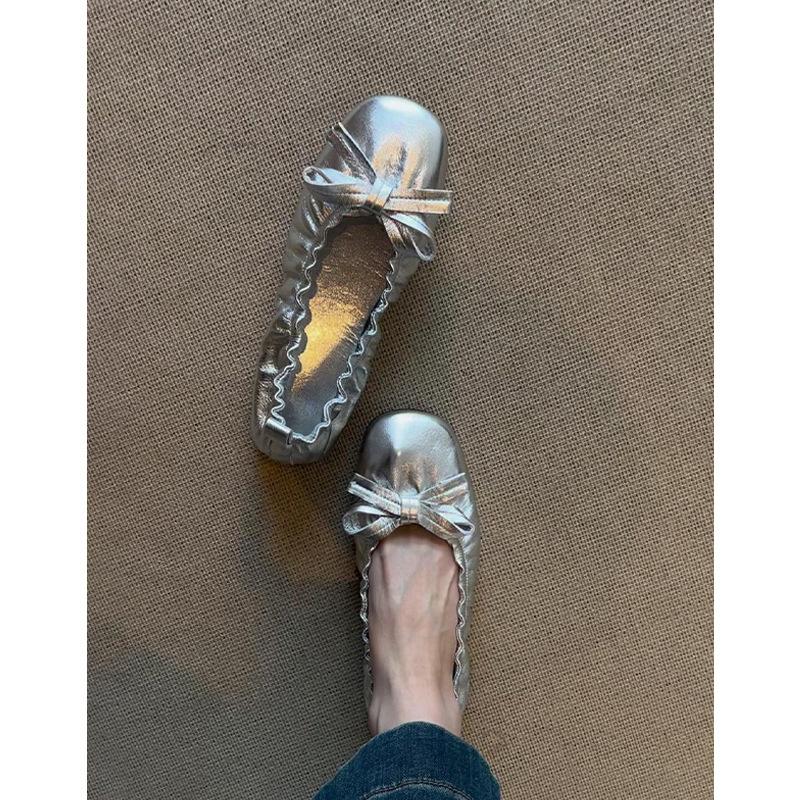 

Sheepskin version~ Genuine leather retro pleated bow flat-bottomed ballet shoes commuting versatile one-pedal shallow-mouth single shoes 40