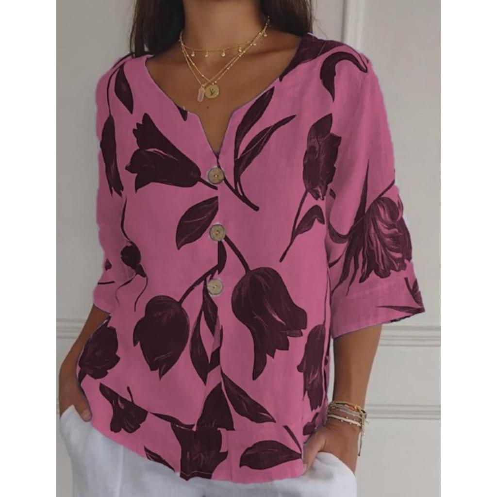 New Arrival Printed Cotton Linen V-neck Short Sleeve Pullover Blouse