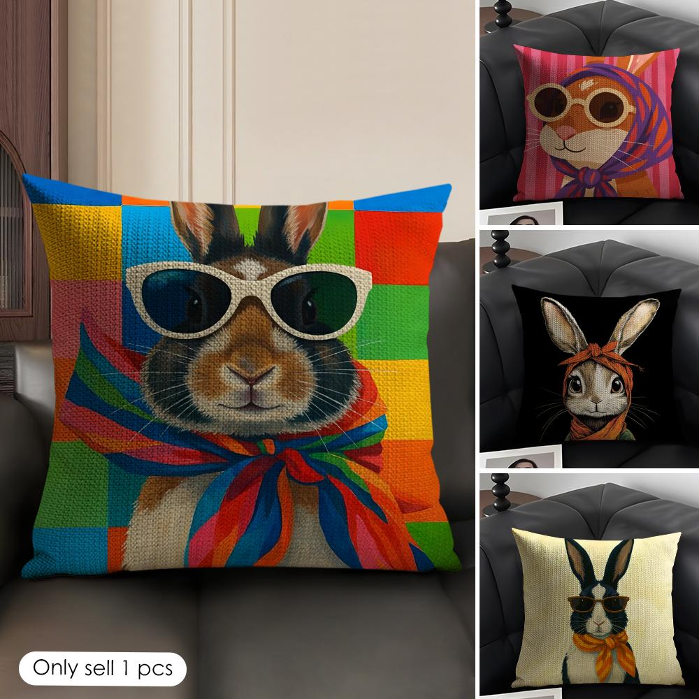 Cute Rabbit Art Cushion Cover Summer Breathable Linen Organic Fabric Double-Sided Printing Sofa Pillow Case Home Decor