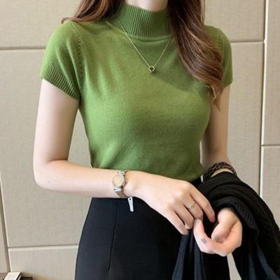 Women's Summer Korean Style Knit Half Turtleneck Slim Fit Short Sleeve Top