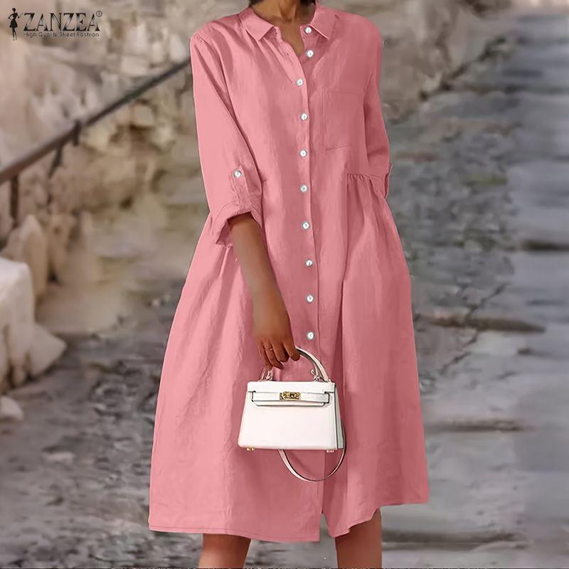 

ZANZEA Женское повседневное платье-рубашка с отложным воротником и длинными рукавами 5XL розовый