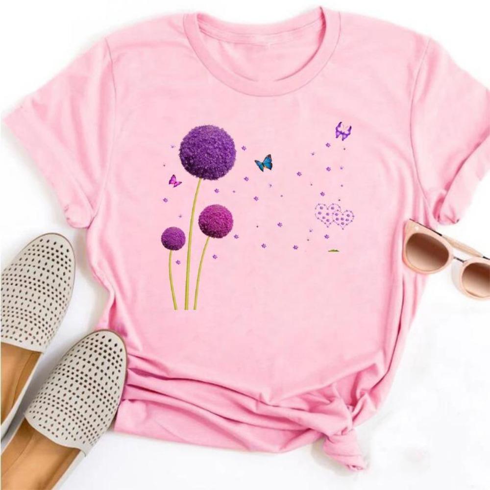 New Dandelion Printed Women's T-shirt Cartoon Pattern Printed Black Women's T-shirt Casual Women's Shirt Fun T-shirt