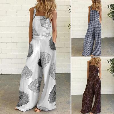 Summer Women Jumpsuit Sleeveless Square Neck Backless Wide Leg Loose Deep Crotch Printed Side Pockets Casual Full Length Vacation Beach Long Jumpsuit