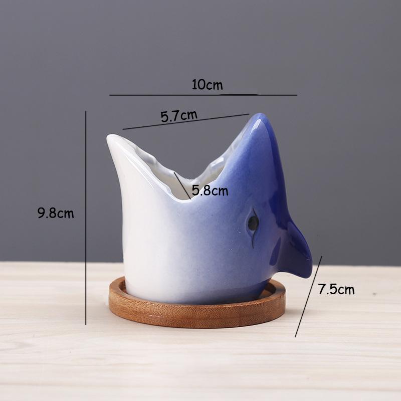 Creative Shark Ceramic Succulent Planter with Tray - Unique Animal Shape Flower Pot for Cactus/Bonsai/Indoor Plants - H