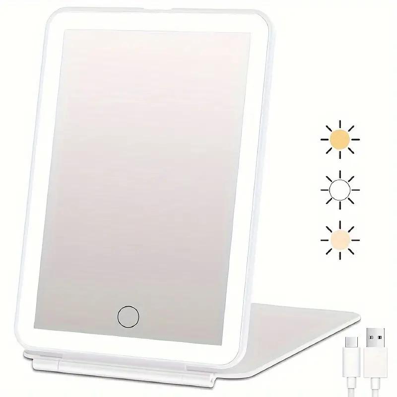 LED Foldable Travel Makeup Mirror 3 Colors Light Modes USB Rechargeable Touch Screen Portable Tabletop Cosmetic Mirror Handheld