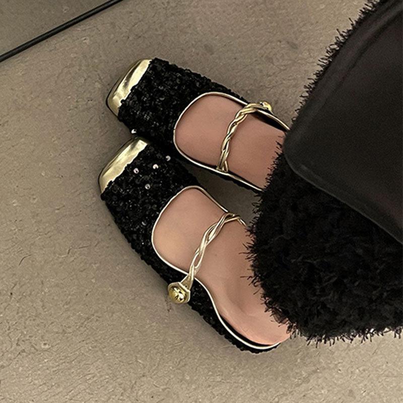 Xiaoxiangfeng Korean version temperament Mary Jane single shoes women's shoes 2025 spring and summer French sequined silver bag head half slippers w