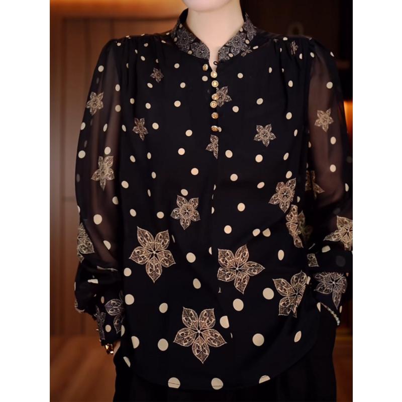 Women Fashion Polka Dot Print Blouse Office Lady Vintage Elegant Commute Button Shirt Stand Collar Long Sleeve Loose Tops