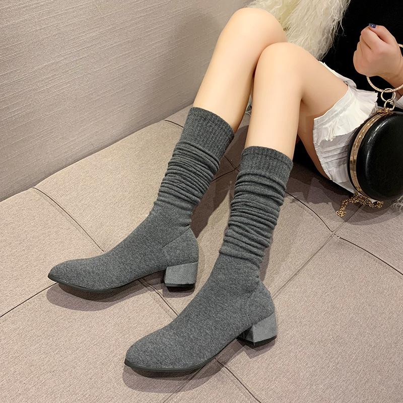 Solid color pointed thick heel over the knee boots women's autumn and winter new retro versatile high heel thin socks boots