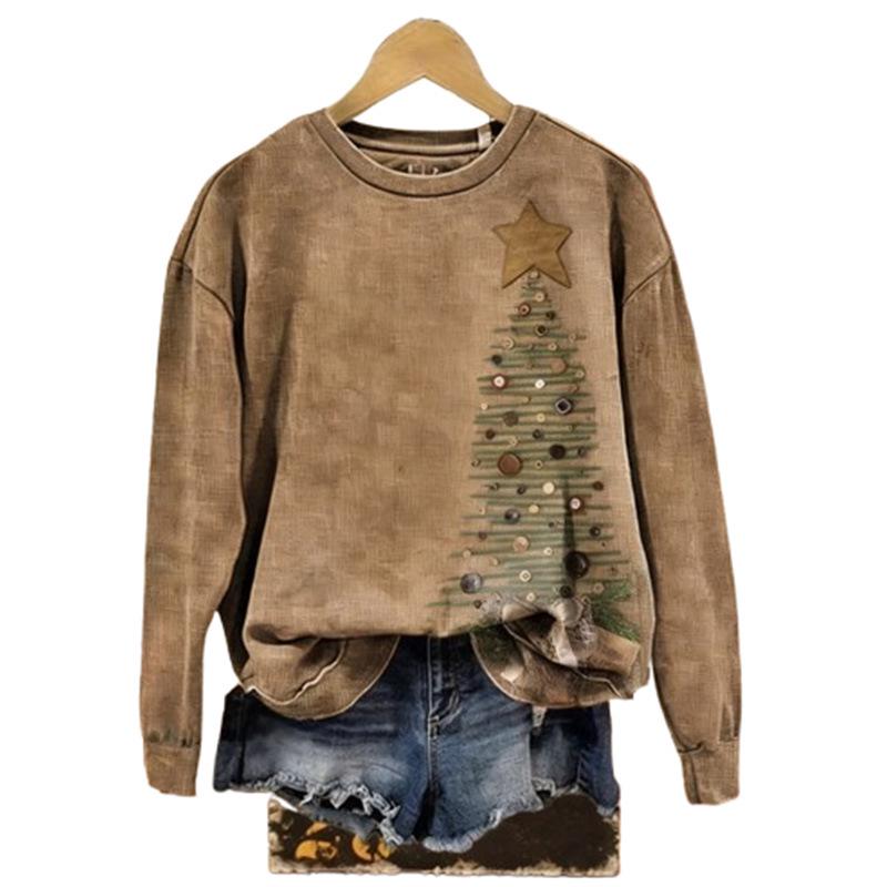 2026 Women's Retro Brown Christmas Tree Round Neck Pullover Hoodie - Versatile & In Stock