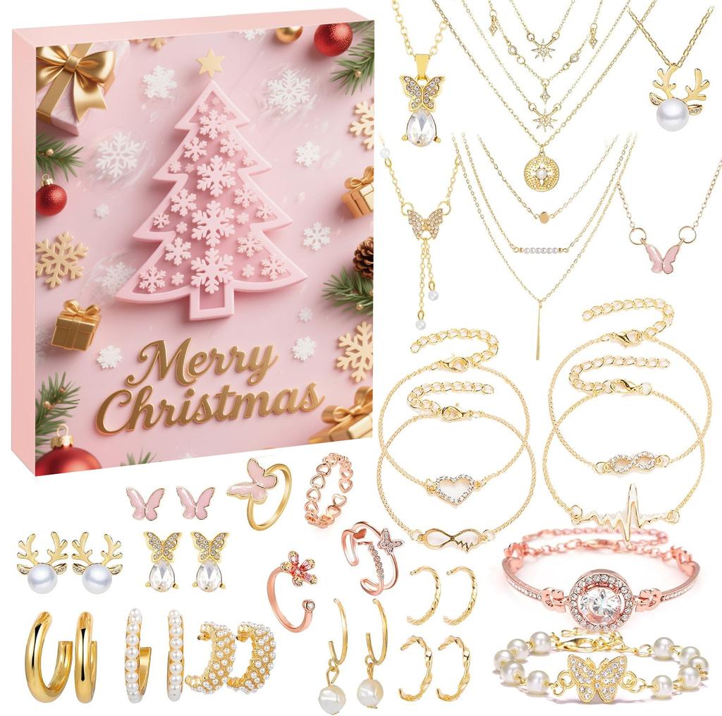 Collana dell'Avvento di Natale Scatola a Sorpresa Orecchini a Bottone Scatola Regalo Foro Gioielli Musicali Scatola a Sorpresa Regalo Calendario del Countdown 24