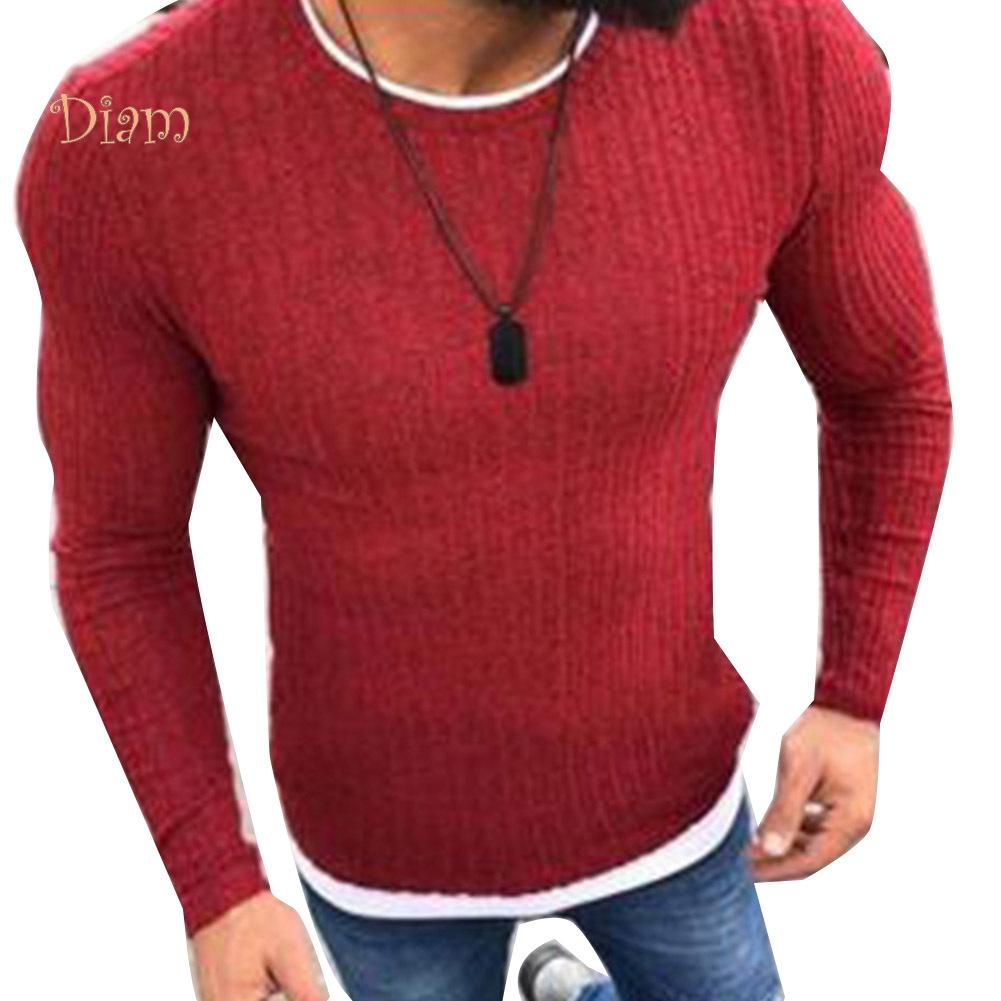 TOPMART-MEN's WEAR Color Block Patchwork O Neck Long Sleeve Pullover Knitted Sweater