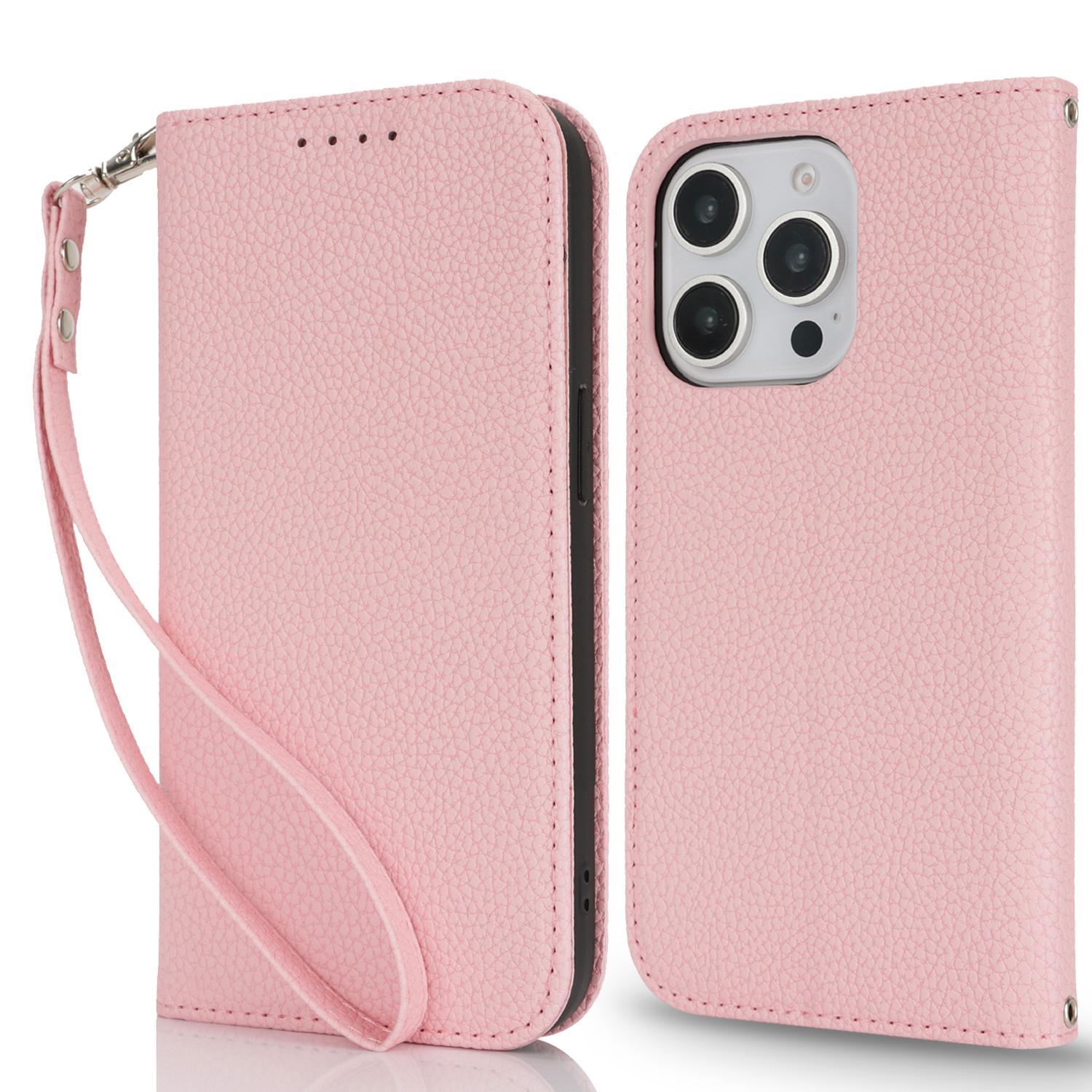 

Stand Case for iPhone 15 Pro Max Litchi Texture Leather Flip Phone Cover with Strap/Wallet Pink