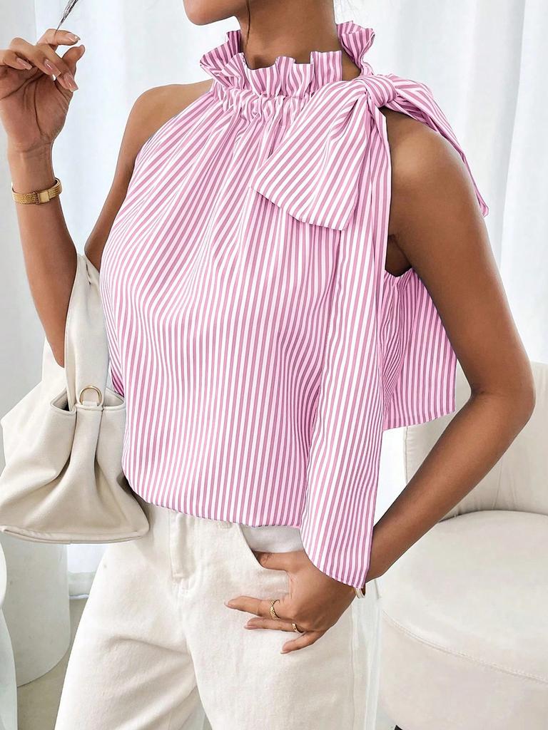 Trendy Casual Striped Ruffled High Neck Tie-Up T-Shirt Top