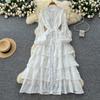 French high-end temperament lace splicing strap waist ruffle edge dress women's autumn thin elegant long skirt