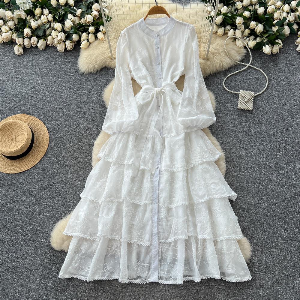 French high-end temperament lace splicing strap waist ruffle edge dress women's autumn thin elegant long skirt