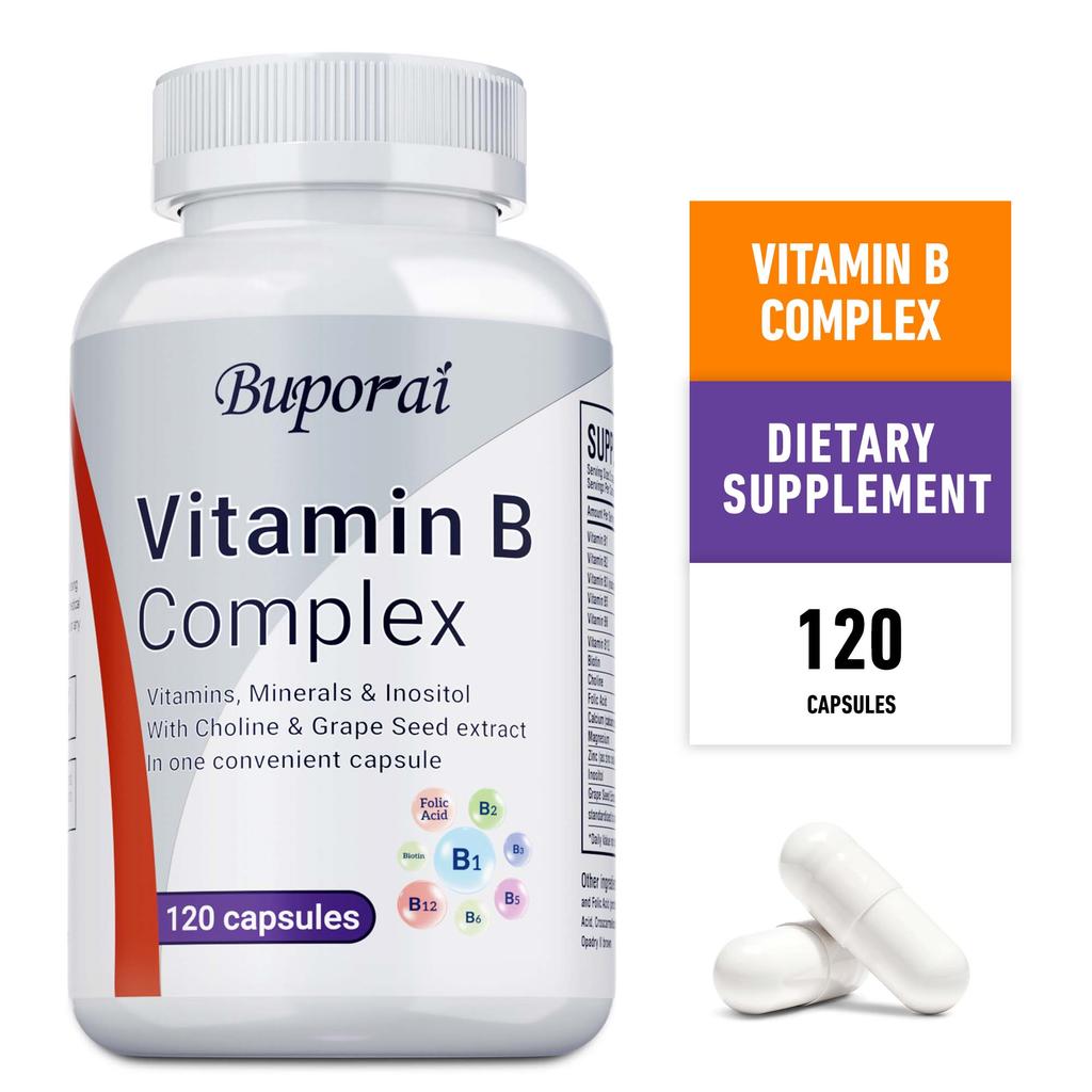 High Potency Vitamin B Complex, 120 Capsules - With Vitamin C - Natural Energy Complex