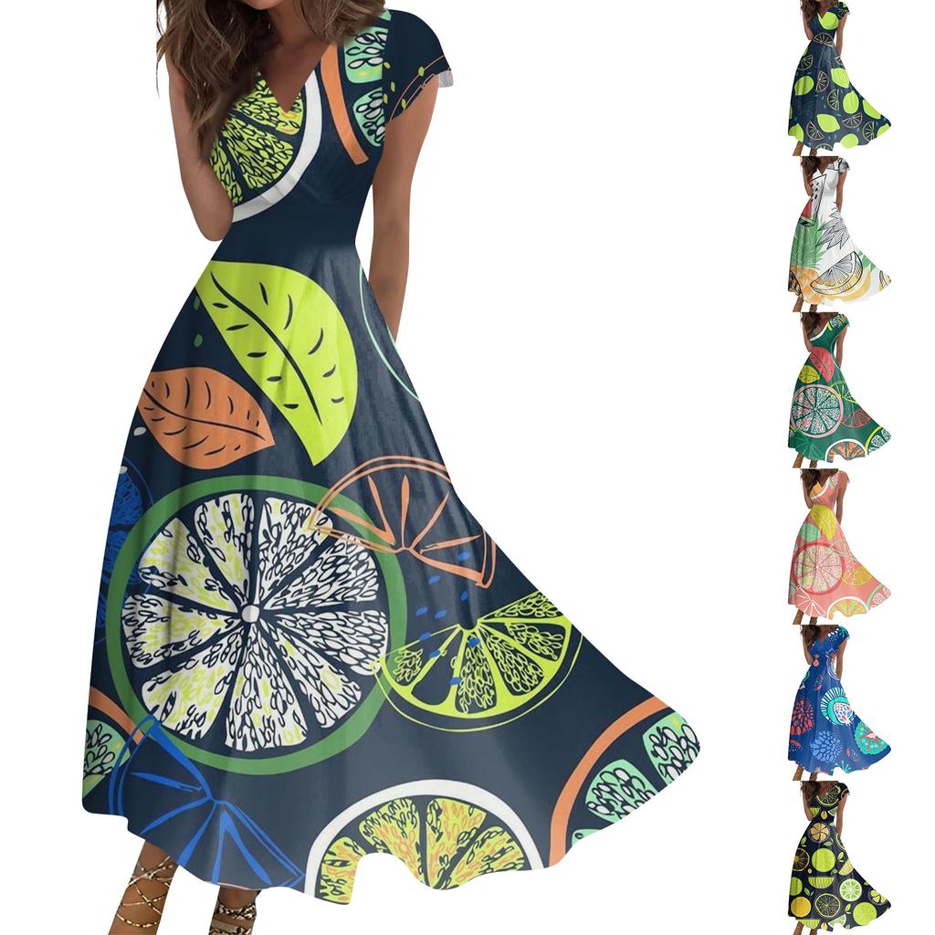 Women's Summer Fruit Printed V-Neck Long Dresses Dresses