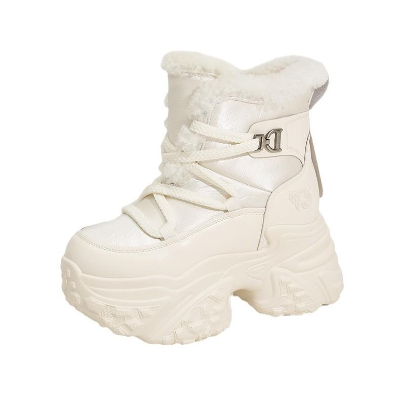 White snow boots women's 2025 winter new inner height increase women's shoes waterproof and velvet warm thick-soled versatile cotton shoes