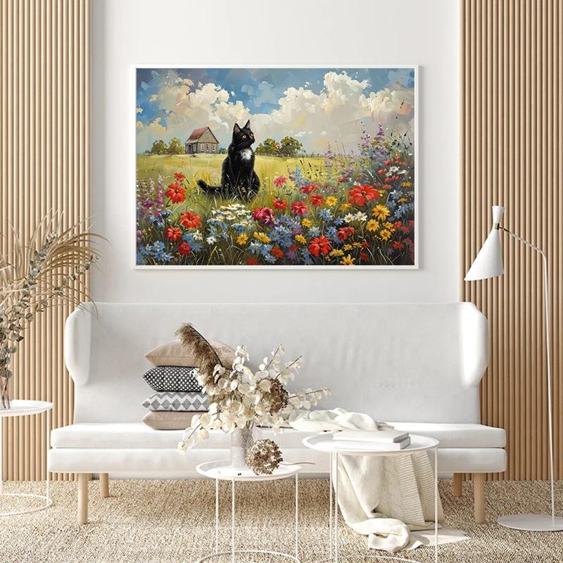 Wildflower Field Cat Sparrow Farm House Painting Posters and Prints Canvas Printing Rustic Retro Wall Art Picture for Home Decor