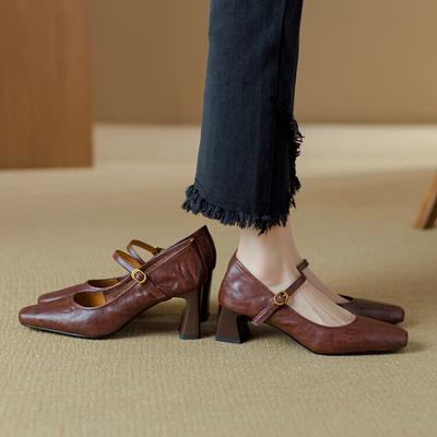 French Retro Soft Leather Black High Heels 2025 Spring New Thick Heel One-word Buckle Mary Jane Shoes Women's Single Shoes