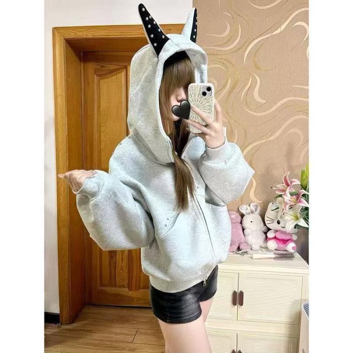 High Street Doberman Rivet Ear Hoodie - Autumn/Winter Velvet, Trendy Loose Fit Unisex Sweatshirt Small серый