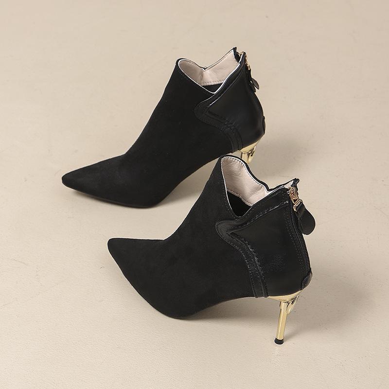 Pointed Short Boots Women's Thin Heels 2025 Autumn and Winter New Temperament High Heel Short Women's Boots Frosted Leather Splicing Bare Boots