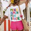 Dopamine-colored Letters and Heart Pattern Front and Back Print, Daily Commuting Round Neck Short Sleeve T-shirt. Printed T-shirt