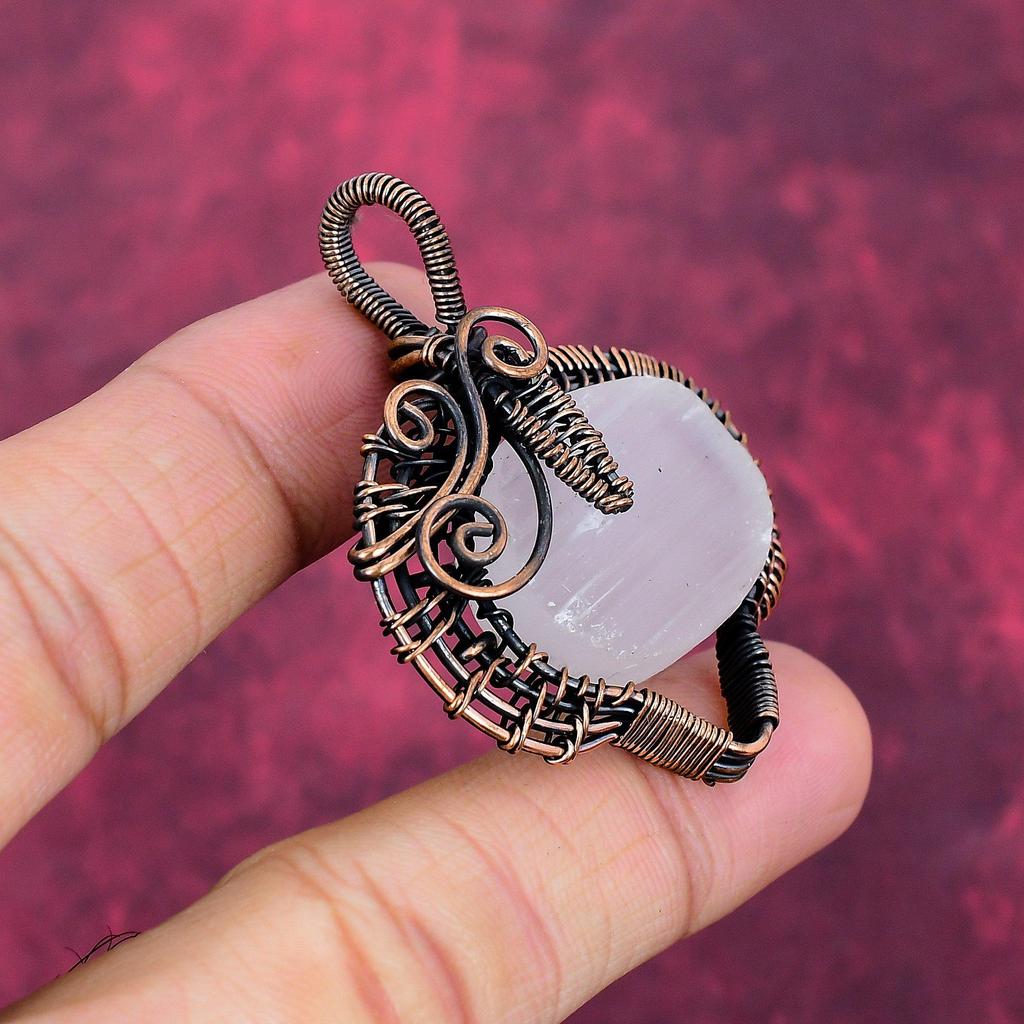 Selenite Druzy Natural Gemstone Pendant Copper Wire Wrapped Pendant Wire Jewelry