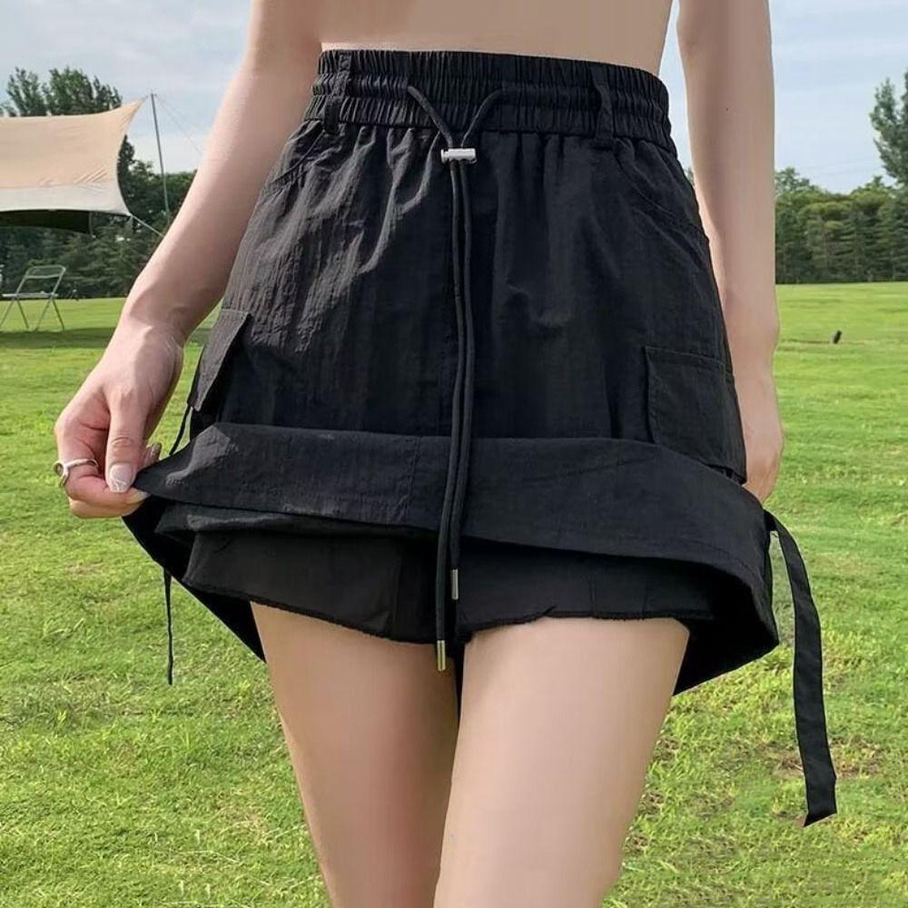 Drawstring Wide Half Leg Skirts Lace Up Causal Skirts Women Fashion High Waist Skirt  Streetwear