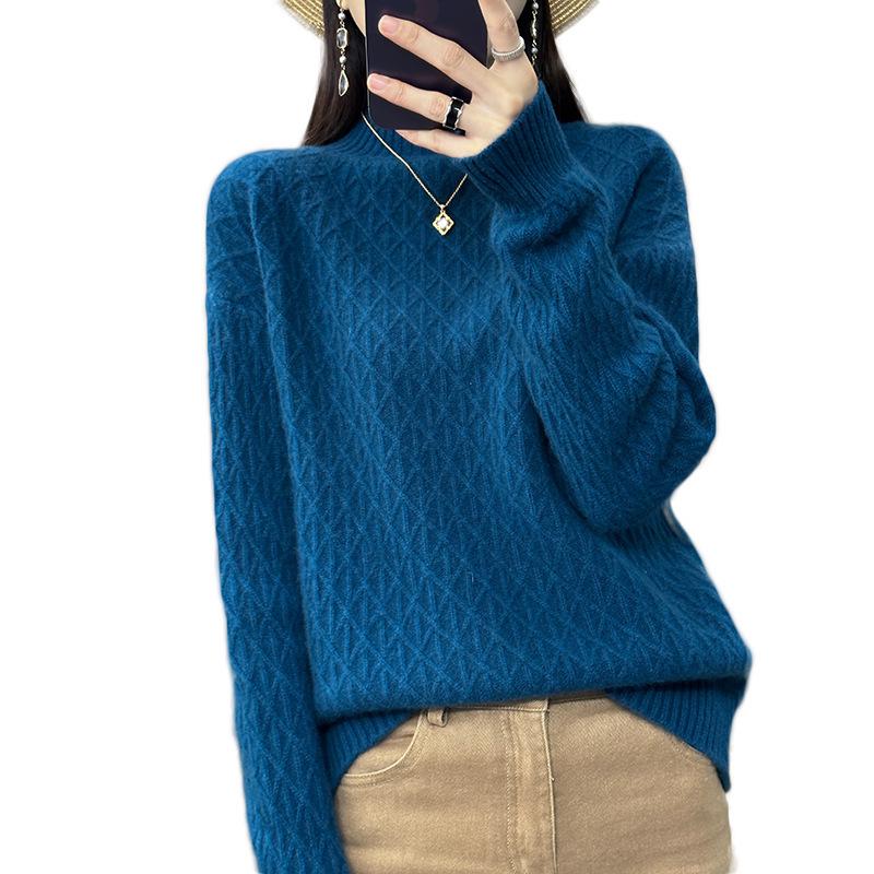 Women's Cashmere Diamond Knit Pullover: Half-High Collar, Thick, Loose-Fit, Korean Style Winter Sweater.