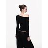Black Long-sleeved Shirt Women's Spring One-word Shoulder Slim-fitting and Thin Bottoming Shirt Slanted Shoulder Short American Sexy Top