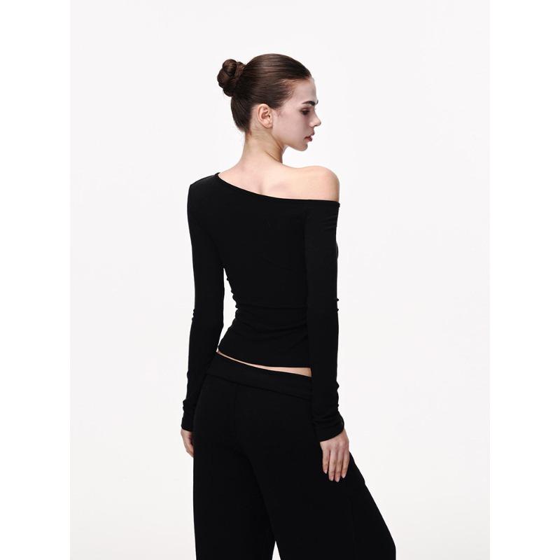 Black Long-sleeved Shirt Women's Spring One-word Shoulder Slim-fitting and Thin Bottoming Shirt Slanted Shoulder Short American Sexy Top