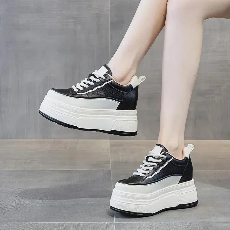 Fashion 9cm Synthetic Genuine Leather Spring Chunky Sneakers Shoes Women Combat Autumn Warm Winter Ankle Platform Wedge Booties