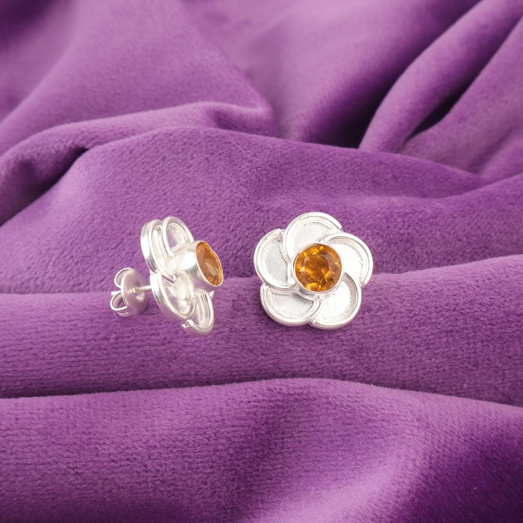 Round Natural Citrine Sterling Silver Handmade Stud Trendy Boho Earrings Jewelry EE-157-6